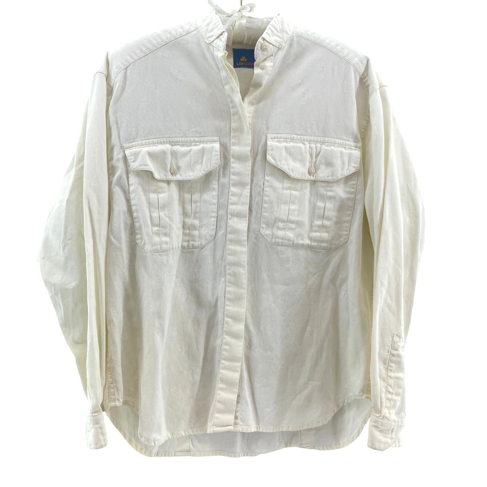 Vintage 80s Lizsport Anchor Detail Shirt Womens S Cream Jacquard Coastal Pleated